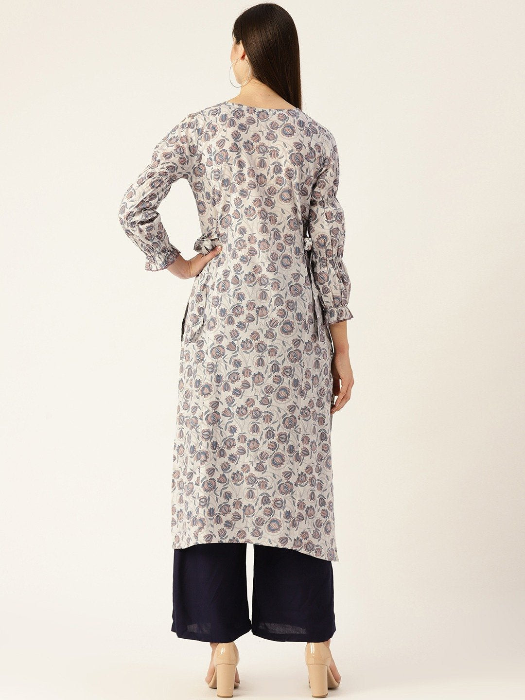 Women's Grey Calf Length Three-Quarter Sleeves A-Line Floral Printed Cotton Kurta