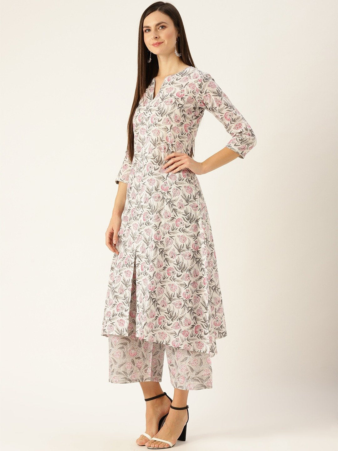 Women's Offwhite Three-Quarter Sleeves Straight Kurta With Palazzo Set