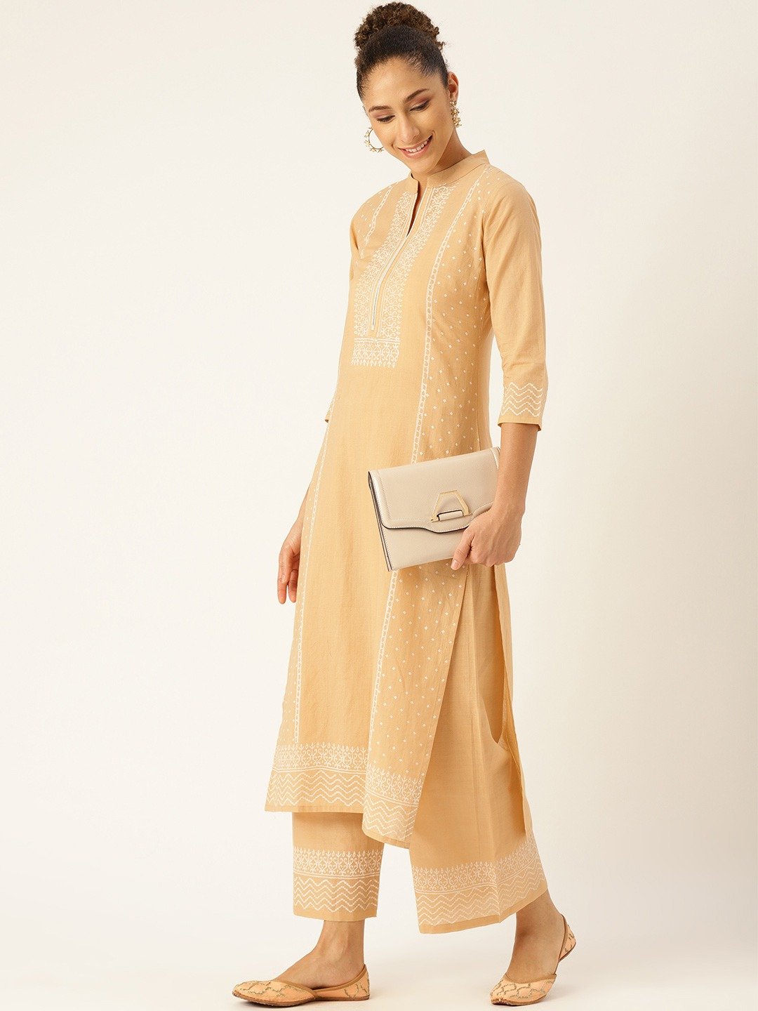 Women's Beige & White Printed Kurta With Palazzos