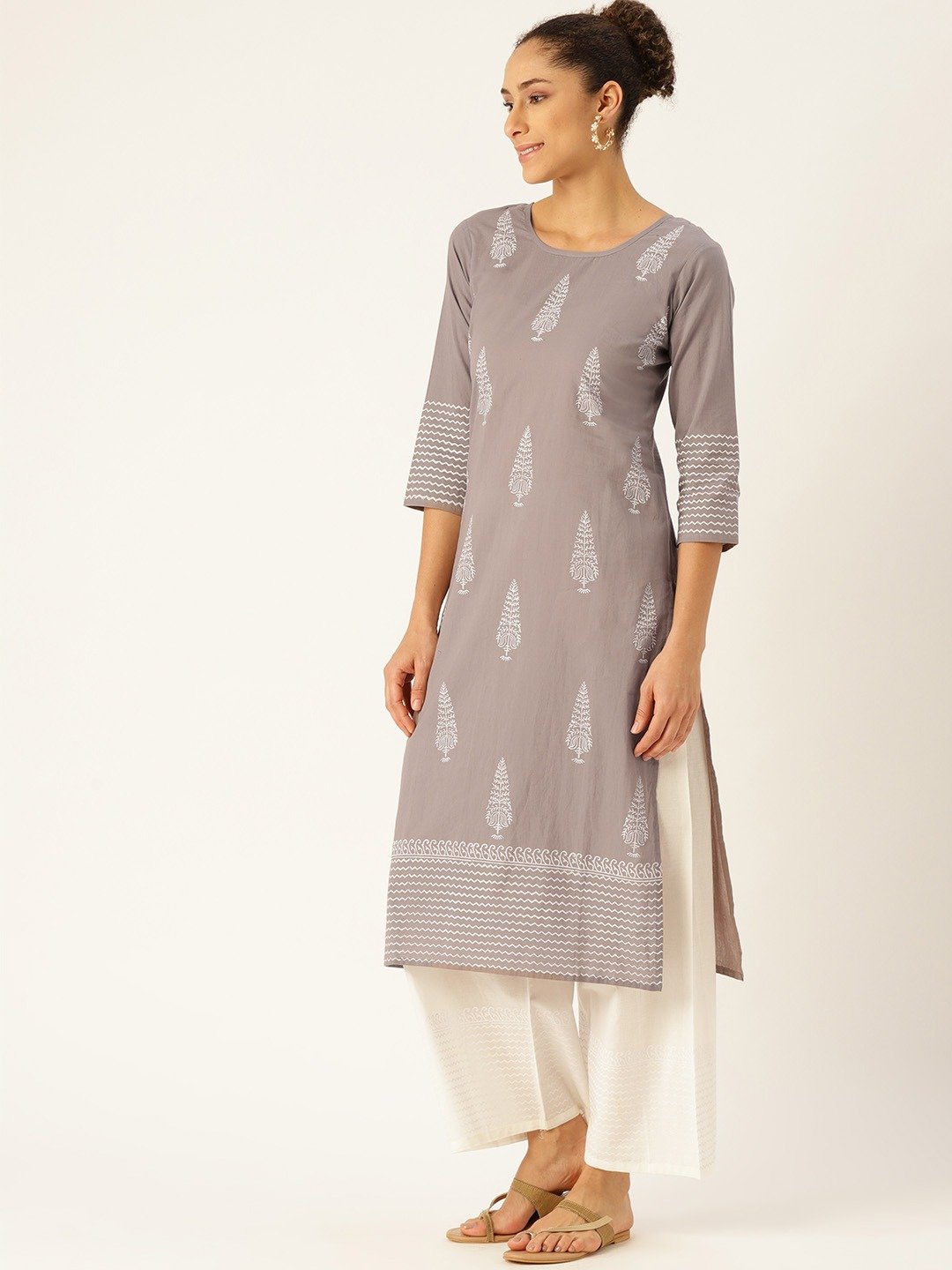 Women's Grey Three-Quarter Sleeves Straight Kurta With Palazzo Set