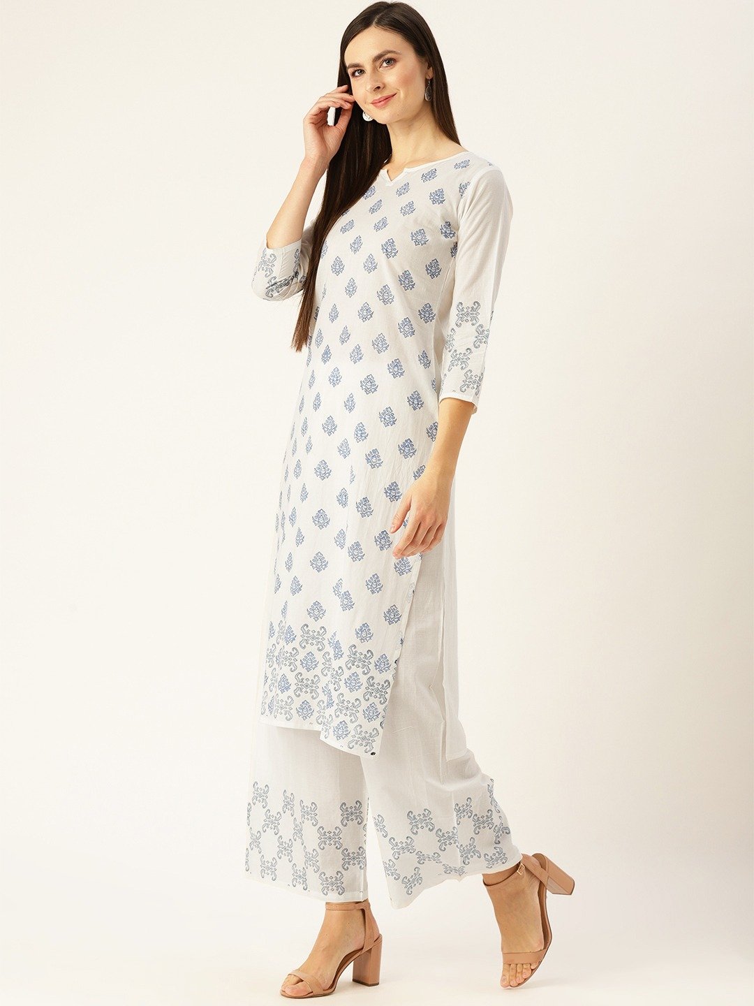 Women's White Three-Quarter Sleeves Straight Kurta With Palazzo Set