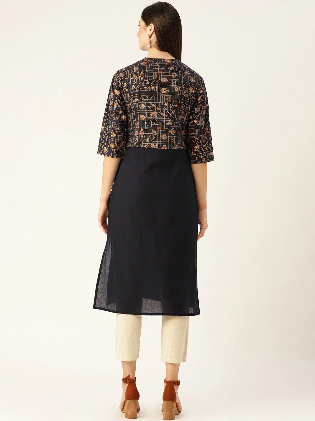 Women's Navy Calf Length Three-Quarter Sleeves Straight Solid Printed Cotton Kurta