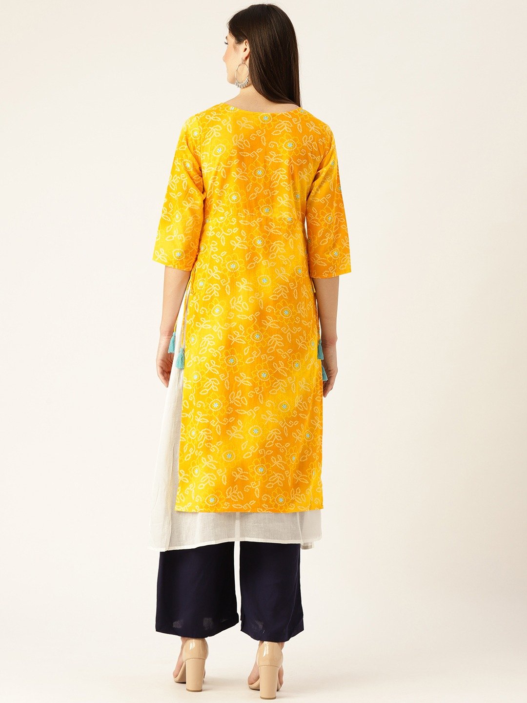 Women's Yellow Calf Length Three-Quarter Sleeves A-Line Bandhani Printed Cotton Kurta