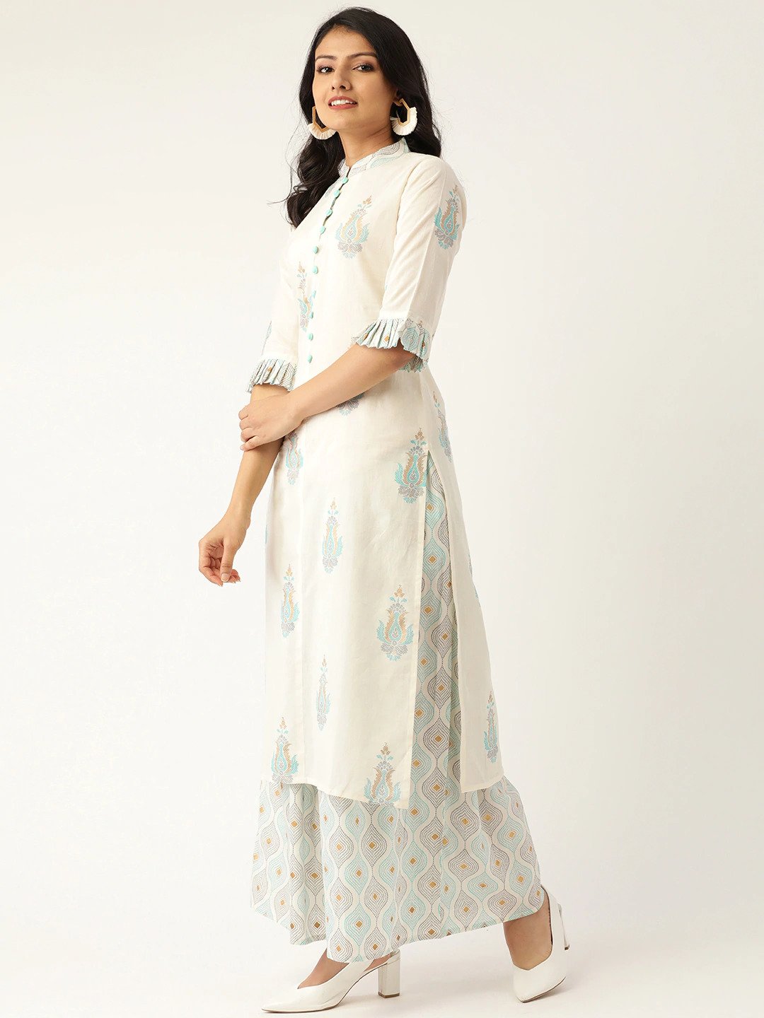 Women's White & Grey Printed Kurta With Palazzos