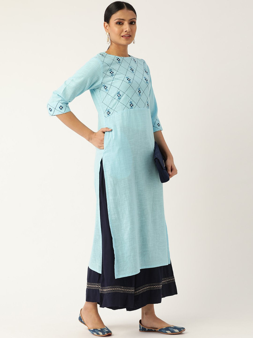 Women's Blue Calf Length Three-Quarter Sleeves Straight Solid Embroidered Cotton Kurta