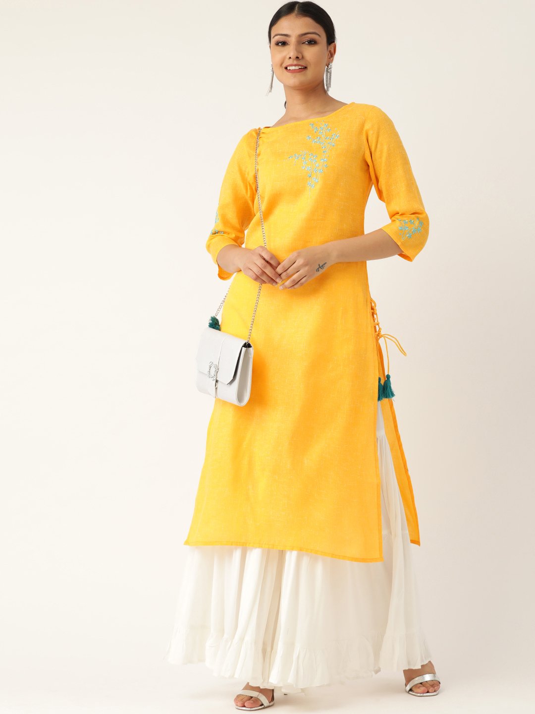 Women's Yellow Calf Length Three-Quarter Sleeves Straight Solid Embroidered Cotton Kurta