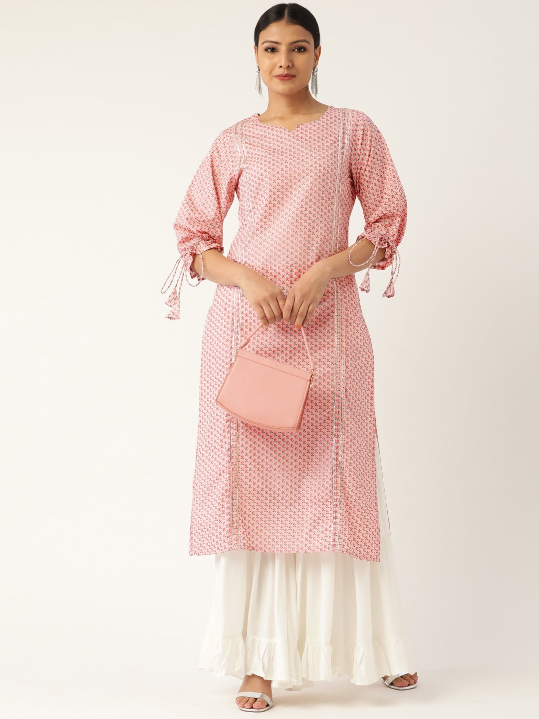 Women's Baby Pink Calf Length Three-Quarter Sleeves Straight Floral Printed Cotton Kurta