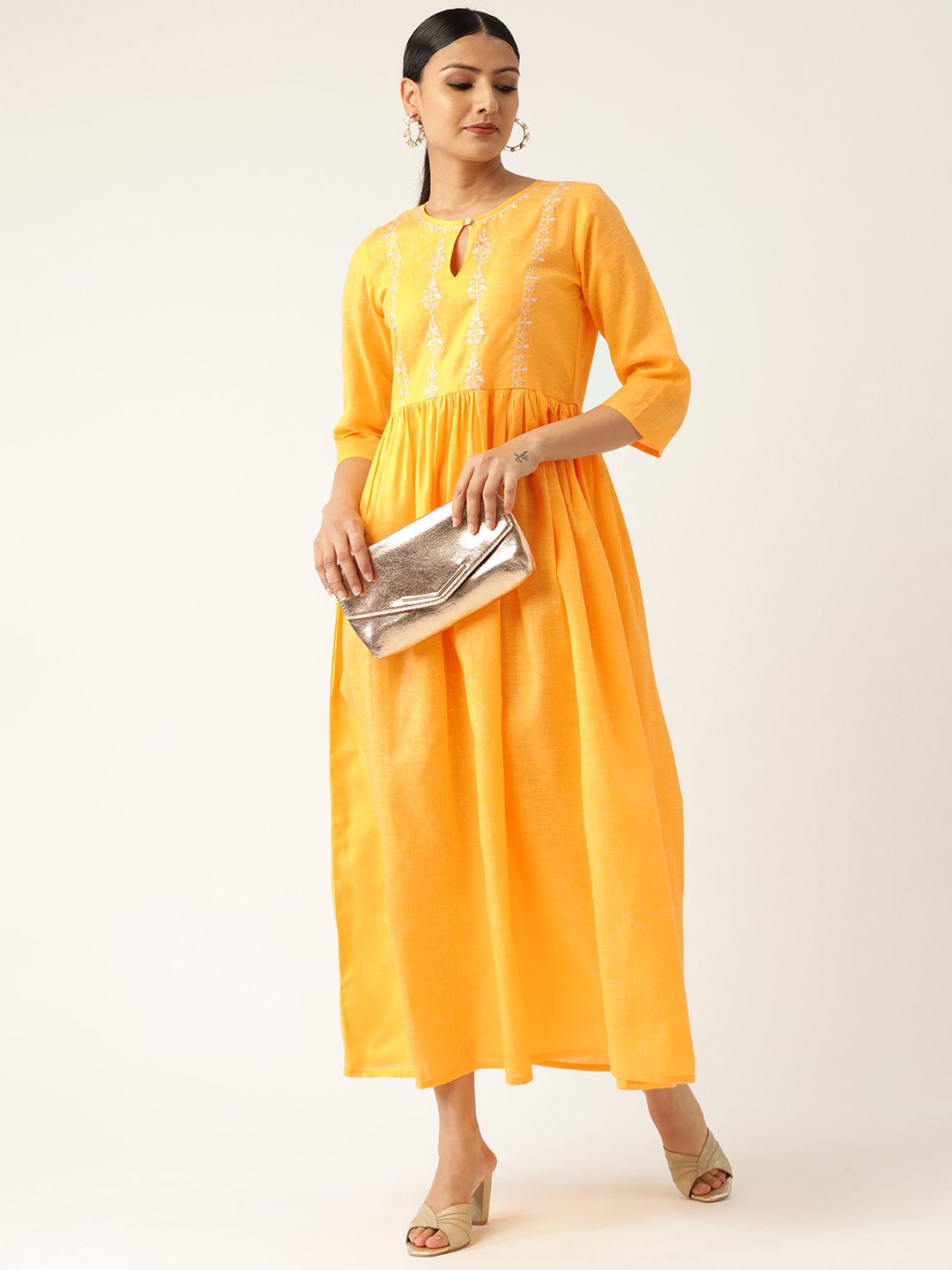 Women's Yellow Solid Solid Keyhole Neck Cotton Fit And Flare Dress
