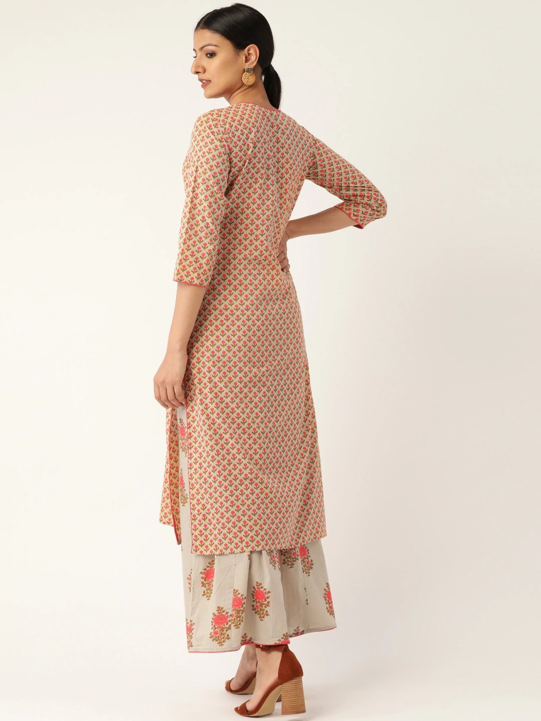 Women's Beige & Pink Printed Kurta With Palazzos