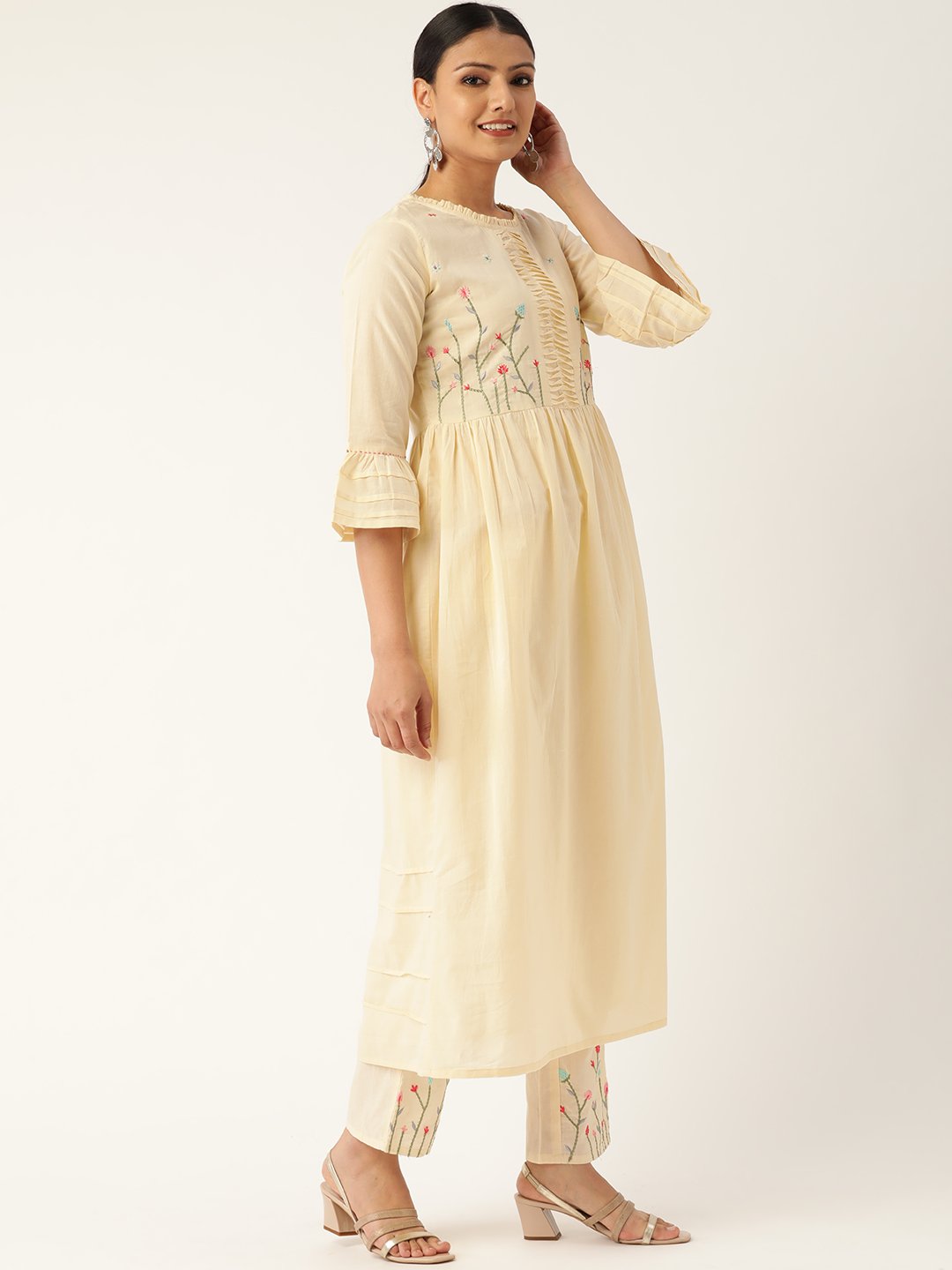 Women's Cream-Coloured Yoke Design Kurta With Palazzos & Dupatta