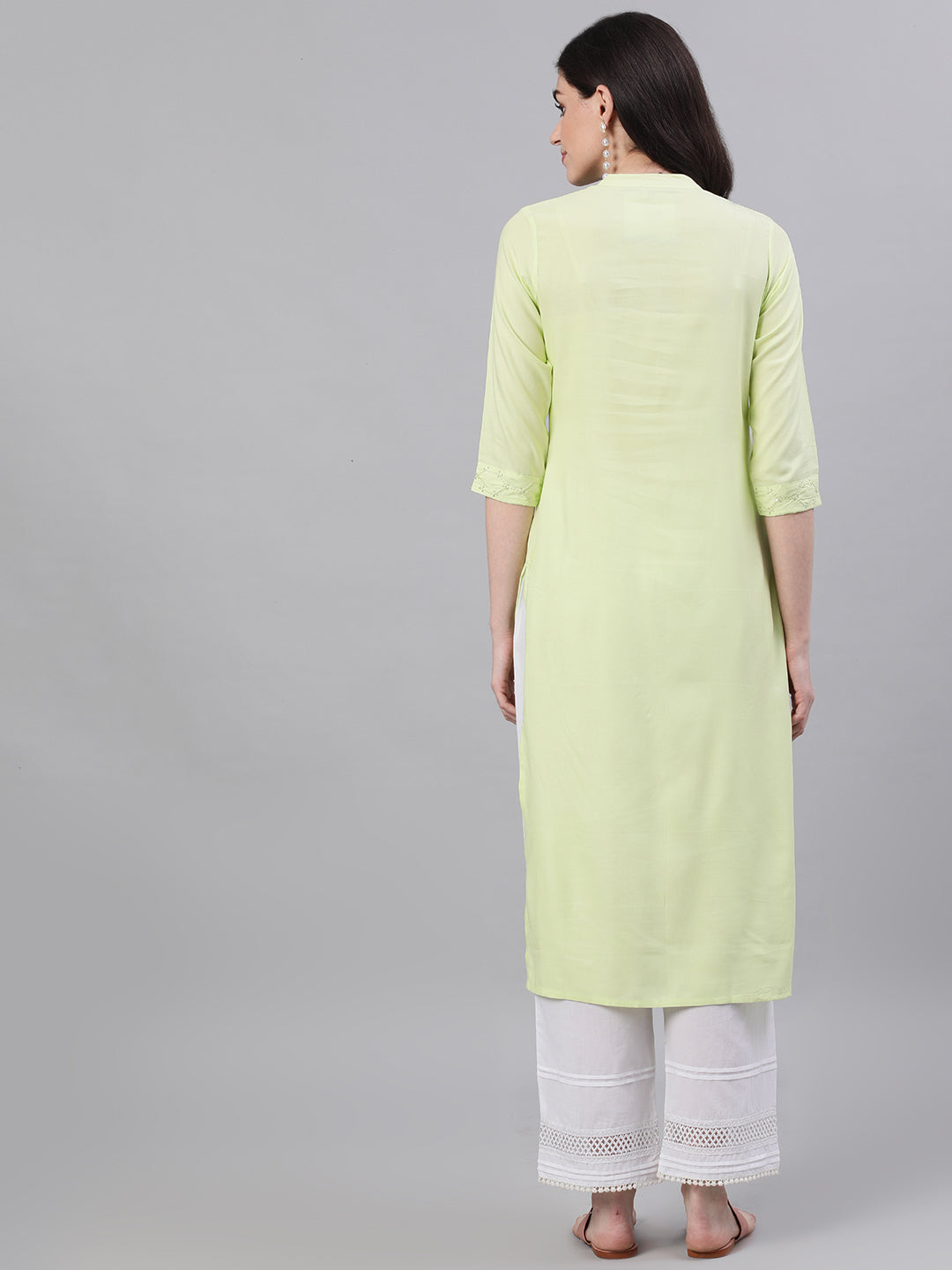 Women's Lime Green Calf Length Three-Quarter Sleeves Straight Solid Solid Viscose Rayon Kurta