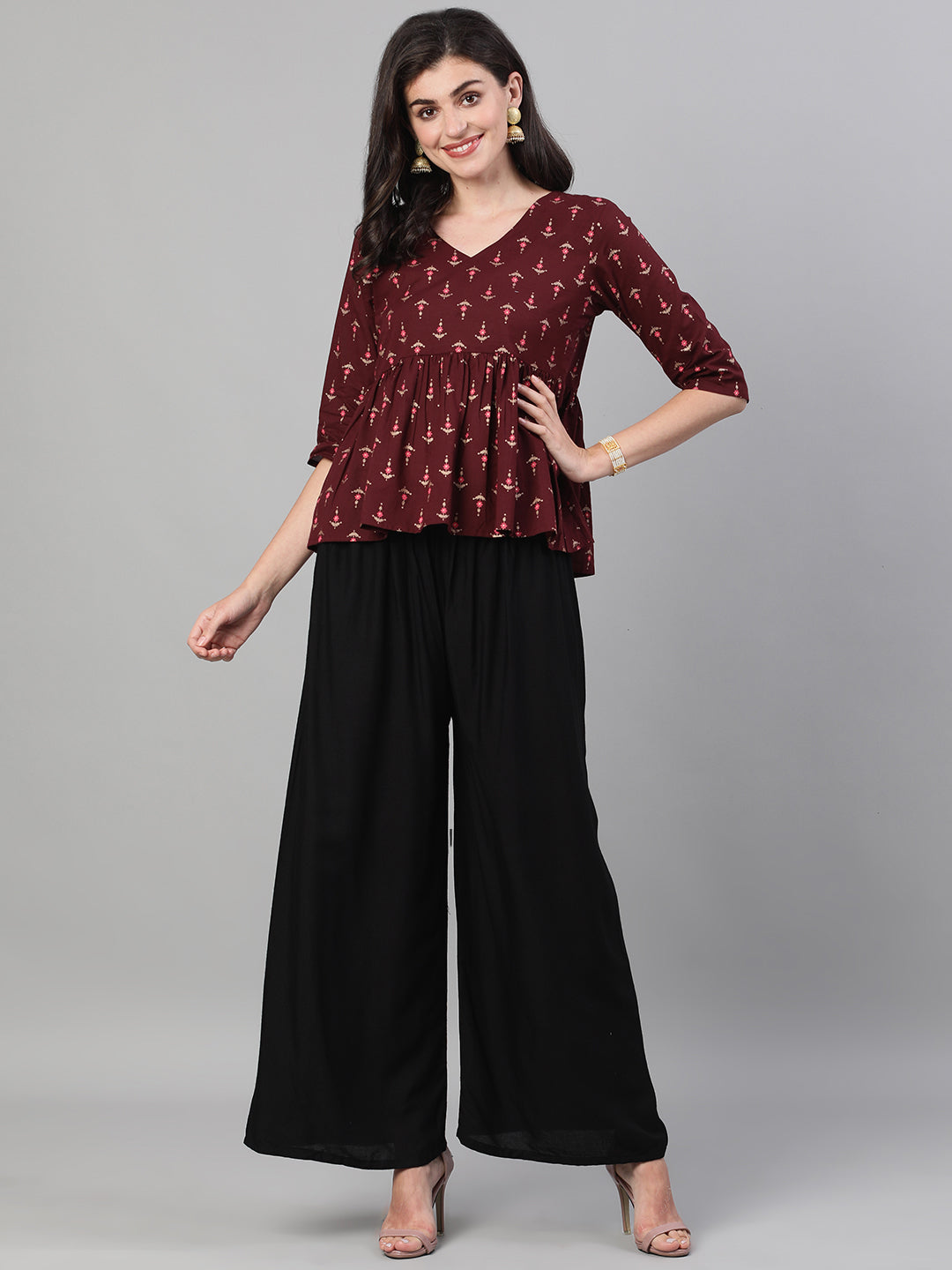 Women's Wine Elbow Sleeves Printed A line Top with Face Mask