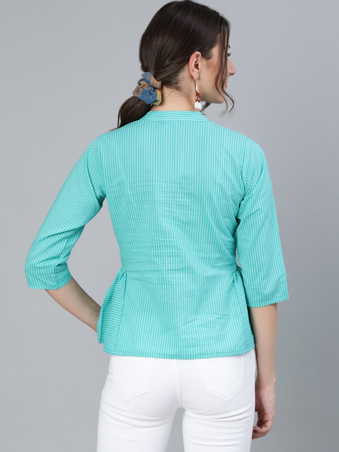 Women's Blue Stripped Top With Round Neck & Three Quarter Sleeves