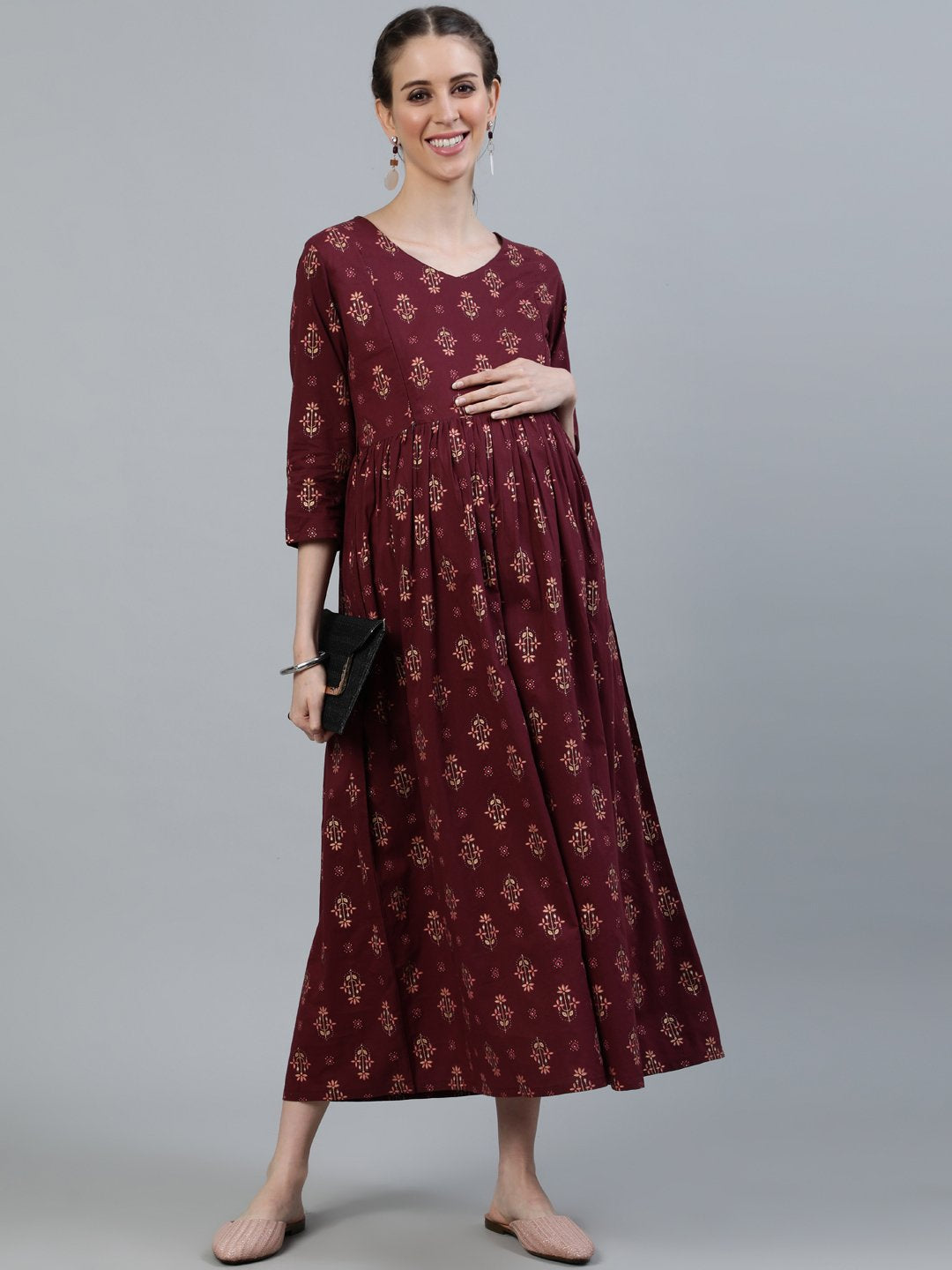 Women's Maroon Printed Flared Maternity Dress With Three Quarters Sleeves & Belt