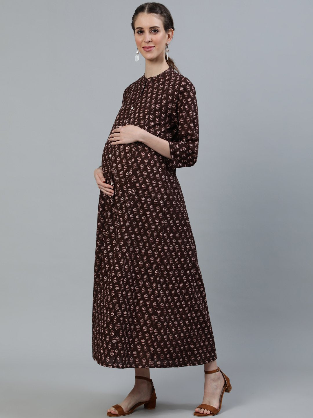 Women's Brown Printed Maternity Dress With Three Quarter Sleeves