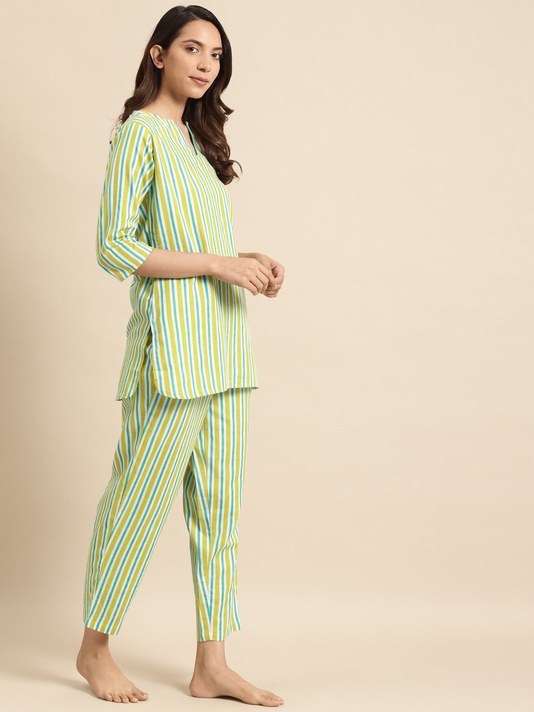 Women's Light Green Striped Night Suit