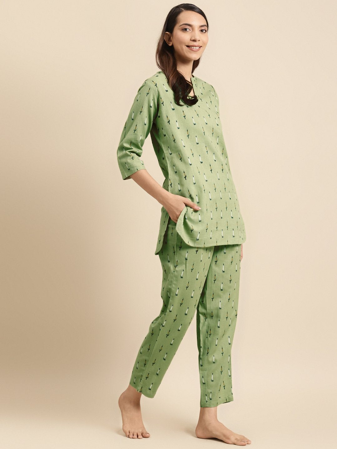 Women's Olive Green Ikat Printed Night Suit
