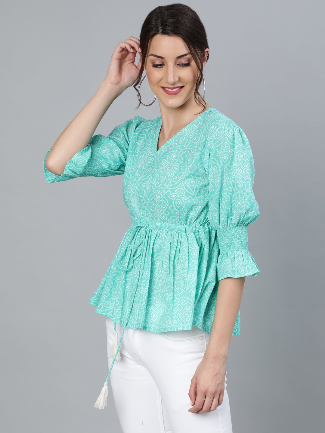 Women's Sea Green & Off White Bandhani Printed Top With Three Quarter Sleeves