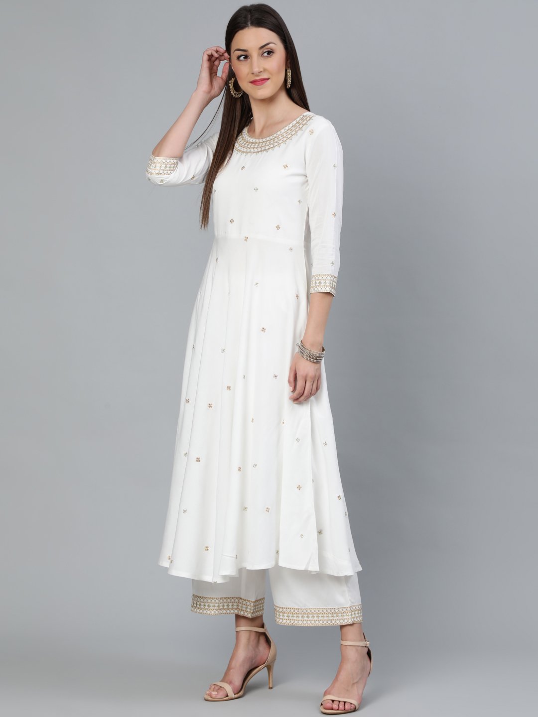 Women's Off-White Gold Embroidered Flared Kurta Plazzo With Net Dupatta