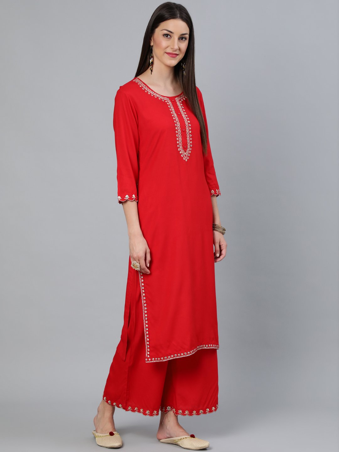 Women's Red Embroidered Straight Kurta Plazzo & Scalloped Dupatta