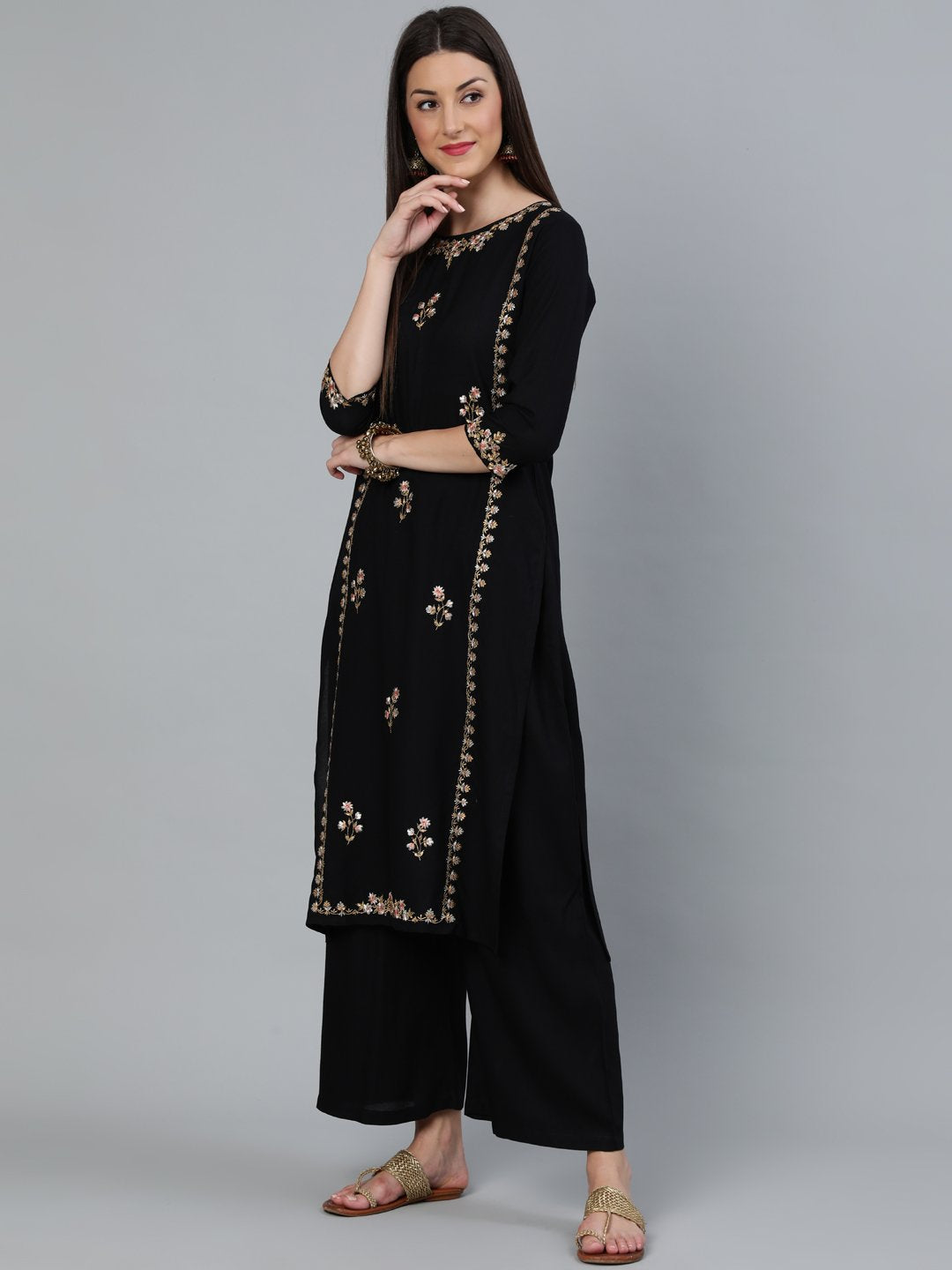 Women's Black & Peach Embroidered Straight Kurta Plazzo & Organza Dupatta