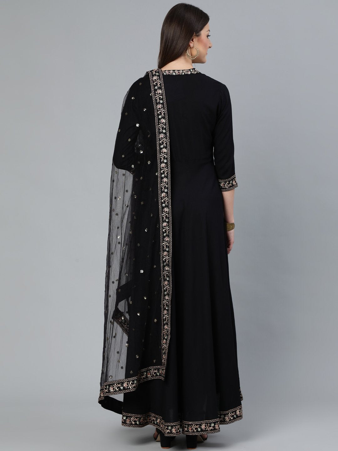 Women's Black Flared Embroidered Dress With Sequinned Dupatta