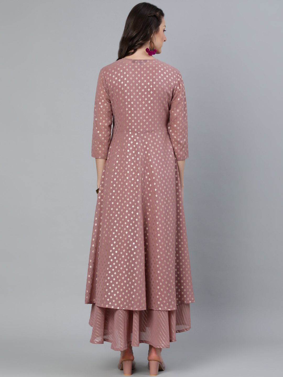 Women's Mauve Foil Printed Dress With Three Quater Sleeves Jacket