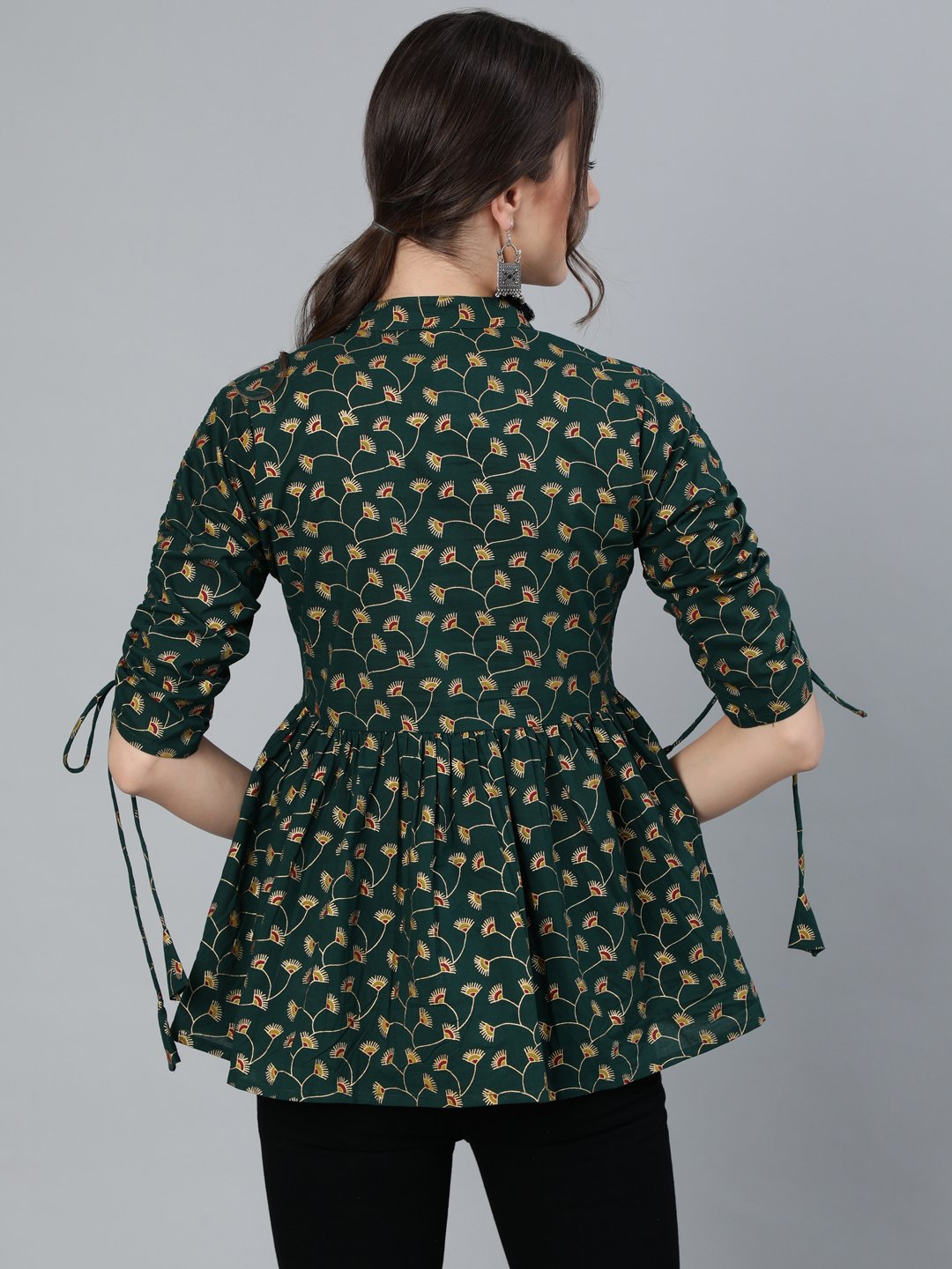 Women's Green Floral Printed Top With Mandarin Collar & Three Quarter Sleeves