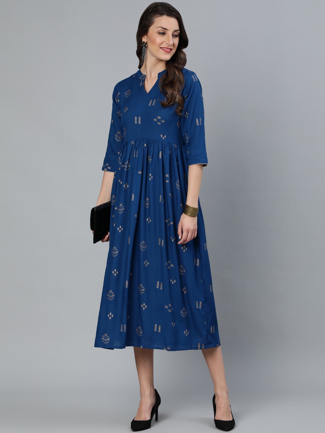 Women's Teal Blue & Gold Printed Dress With Three Quarter Sleeves