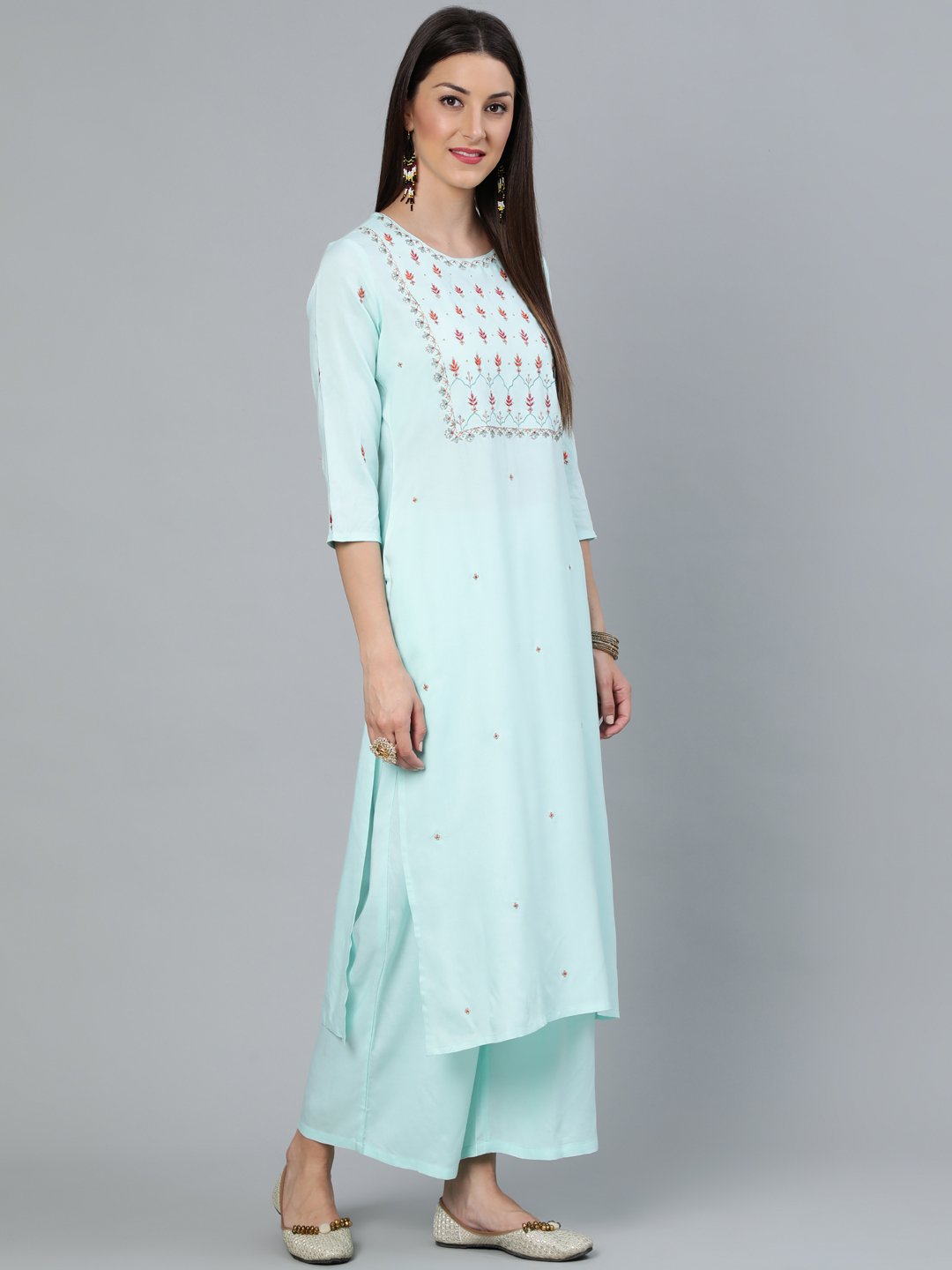 Women's Sea Green Straight Embroidered Kurta With Plazzo & Dupatta