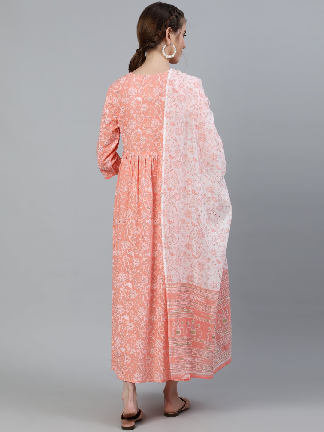 Women's Peach & Gold Printed Maternity Dress With Three Quarter Sleeves & Dupatta