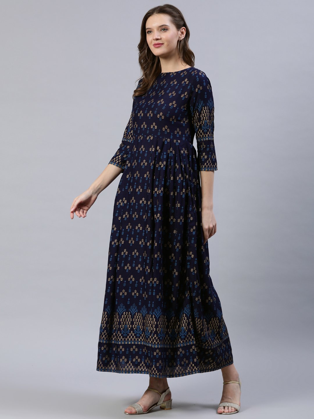 Women's Navy Blue & Gold Printed Dress With Three Quarter Sleeves