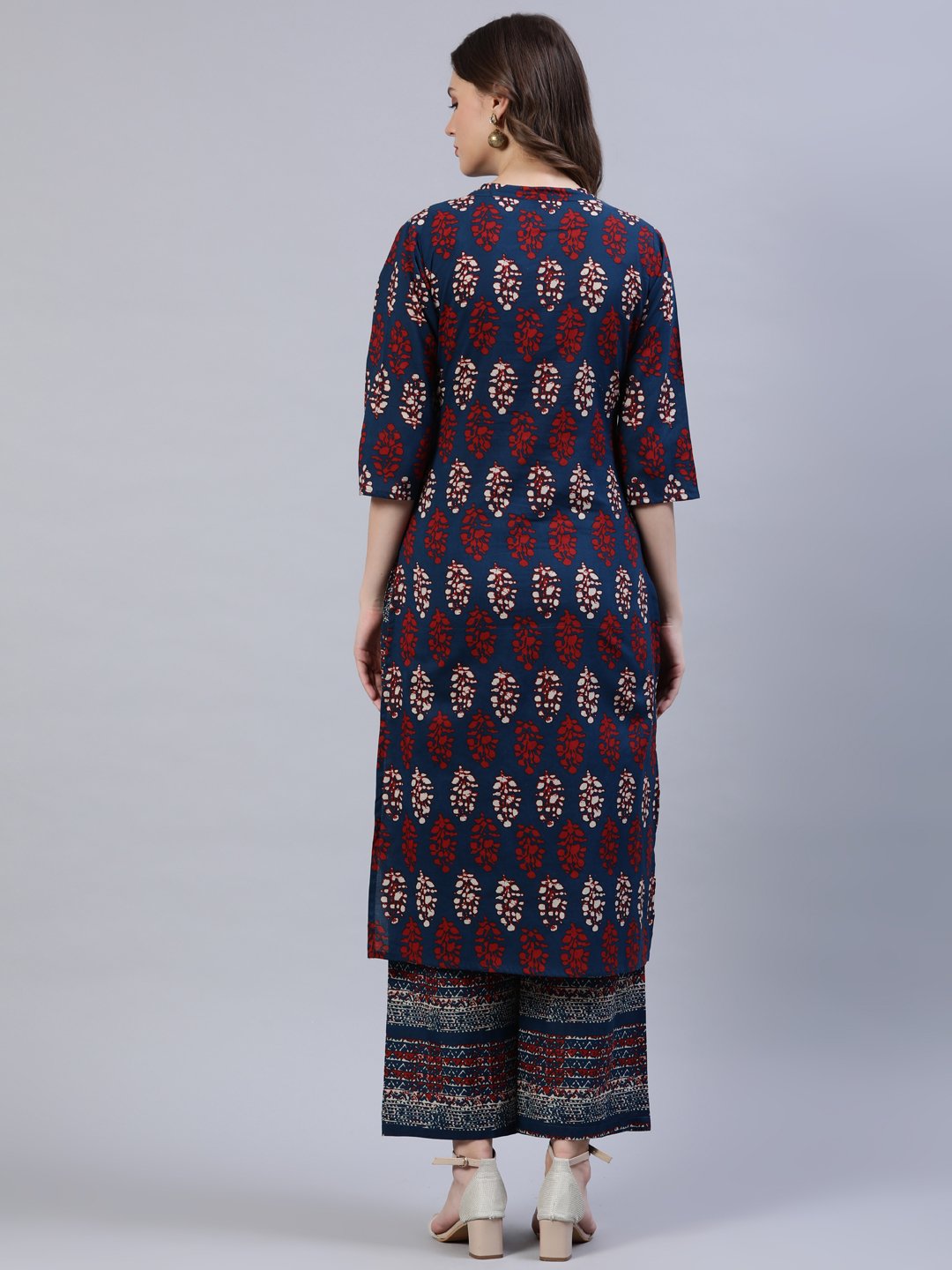 Women's Blue & Red Printed Straight Kurta