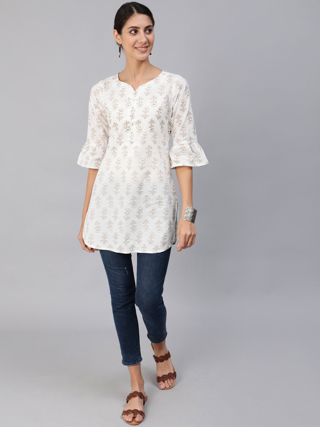 Women's Off-White & Gold Printed Tunic With Three Quarter Sleeves