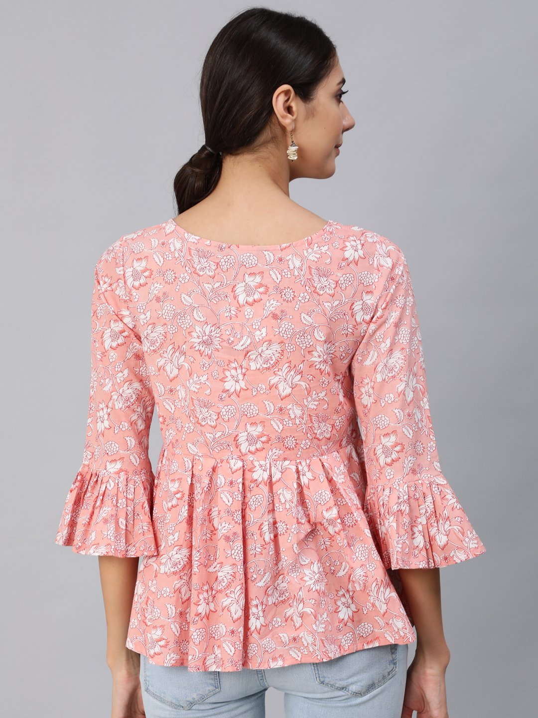 Women's Pink Floral Printed Top With Three Quarter Flared Sleeves