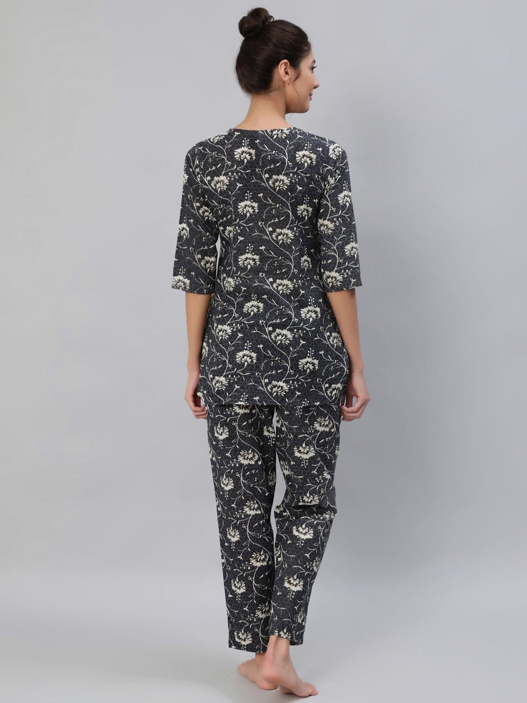 Women's Grey Floral Printed Night Suit Set
