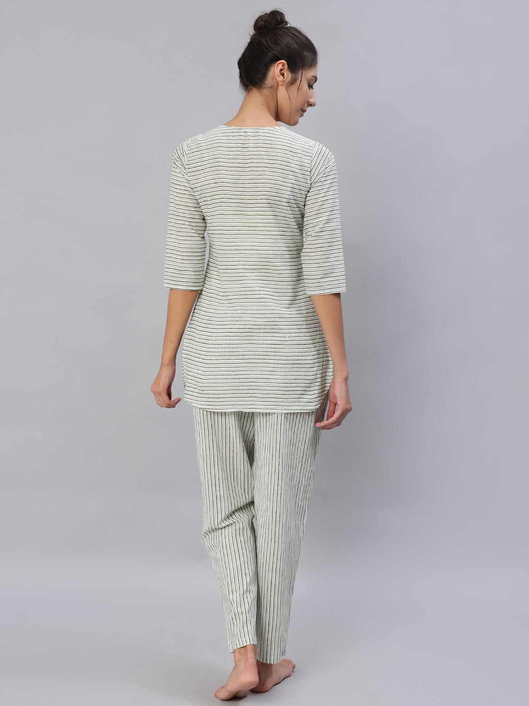 Women's Green & Off-White Striped Night Suit Set
