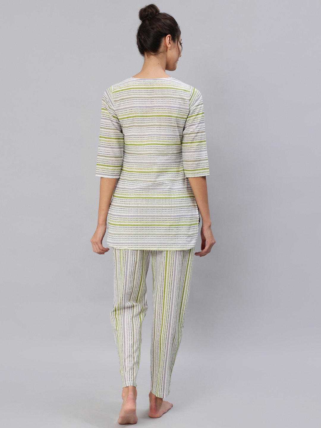 Women's Green & Grey Striped Night Suit Set