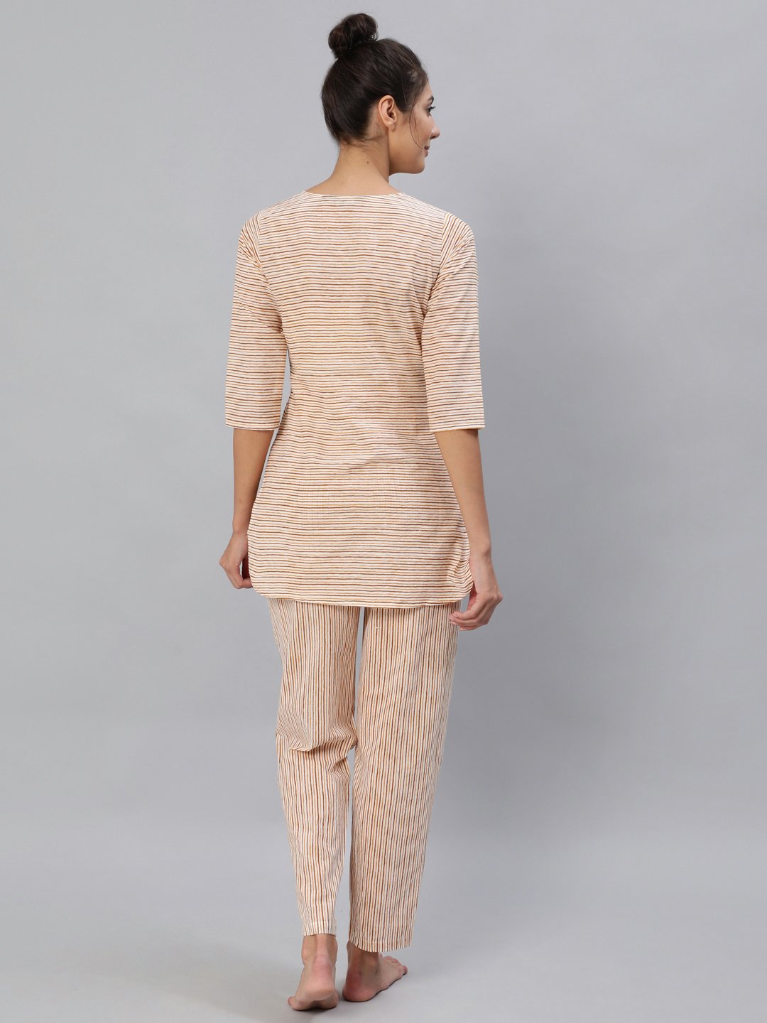 Women's Mustard & Off-White Striped Night Suit Set