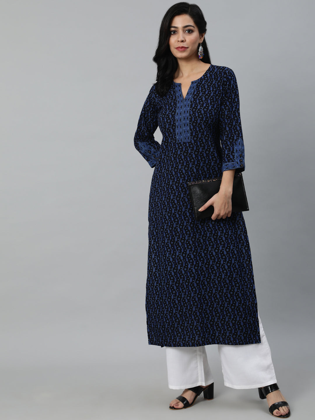 Women's Black Printed Straight Kurta With Three Quarter Sleeves