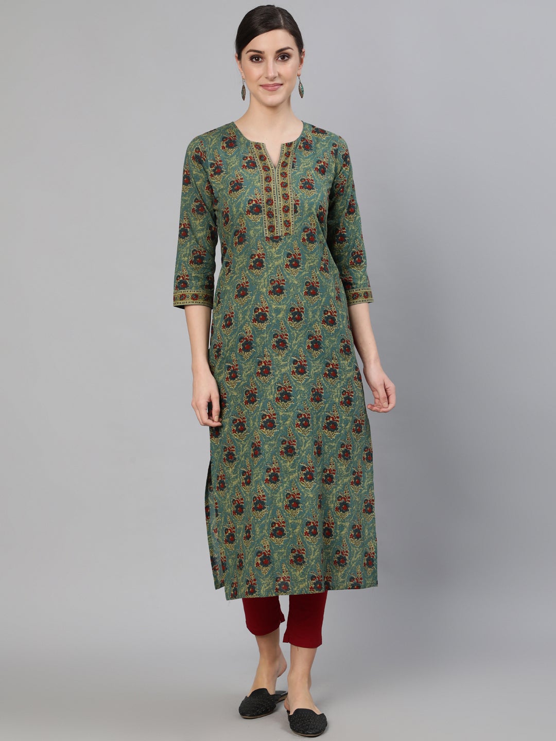Women's Blue Printed Straight Kurta With Three Quarter Sleeves