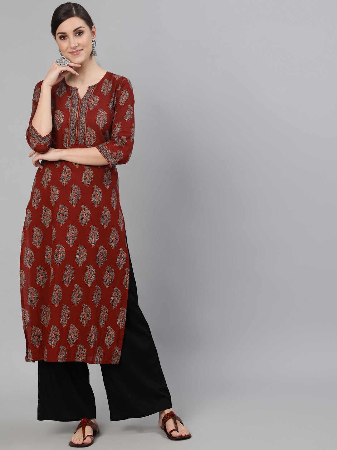 Women's Maroon Printed Straight Kurta With Three Quarter Sleeves