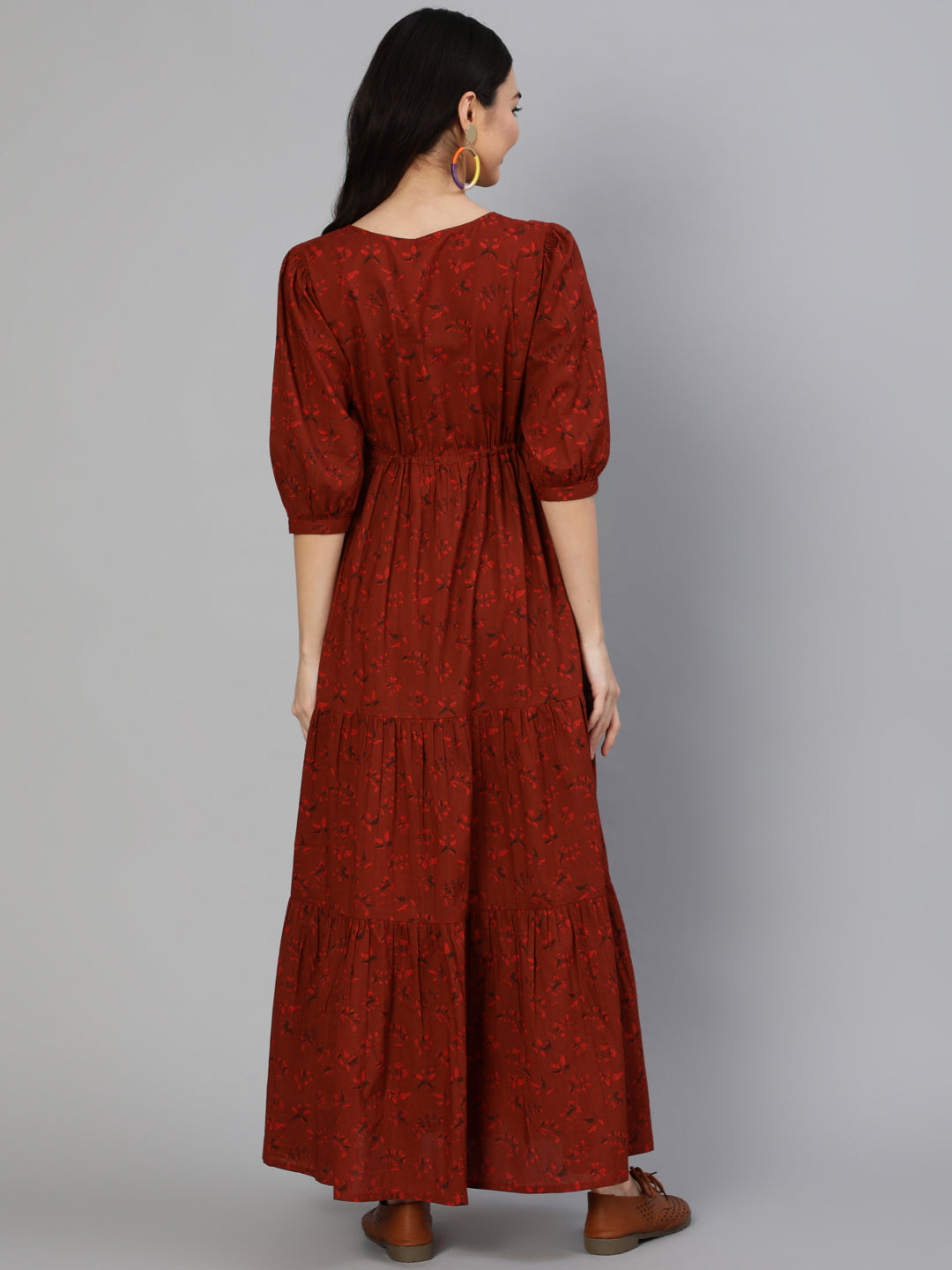 Women's Maroon Printed Tiered Dress With Three Quarter Sleeves