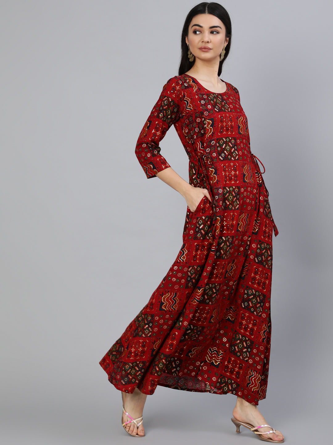 Women's Red Printed Dress With Three Quarter Sleeves
