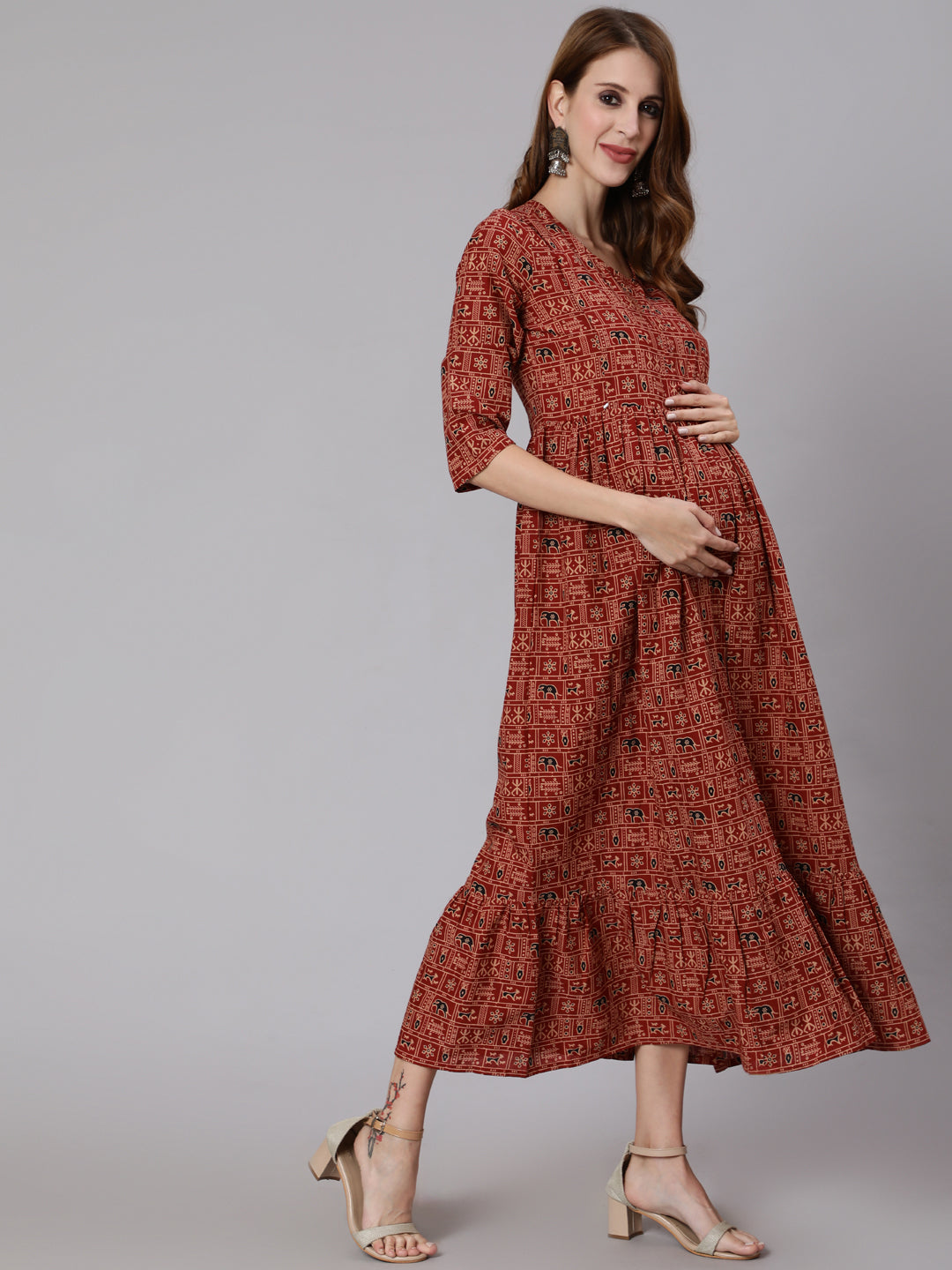 Women's Rust Ethnic Printed Maternity Dress With Three Quarter Sleeves
