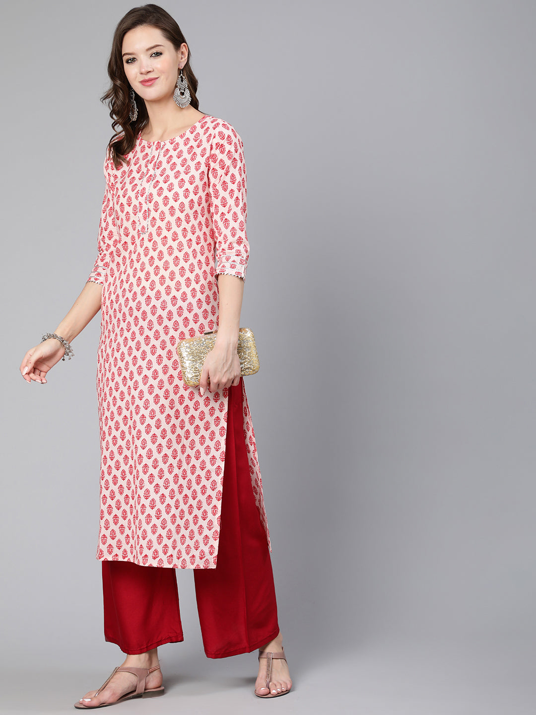 Women's Pink Ethnic Printed Straight Kurta With Three Quarter Sleeves