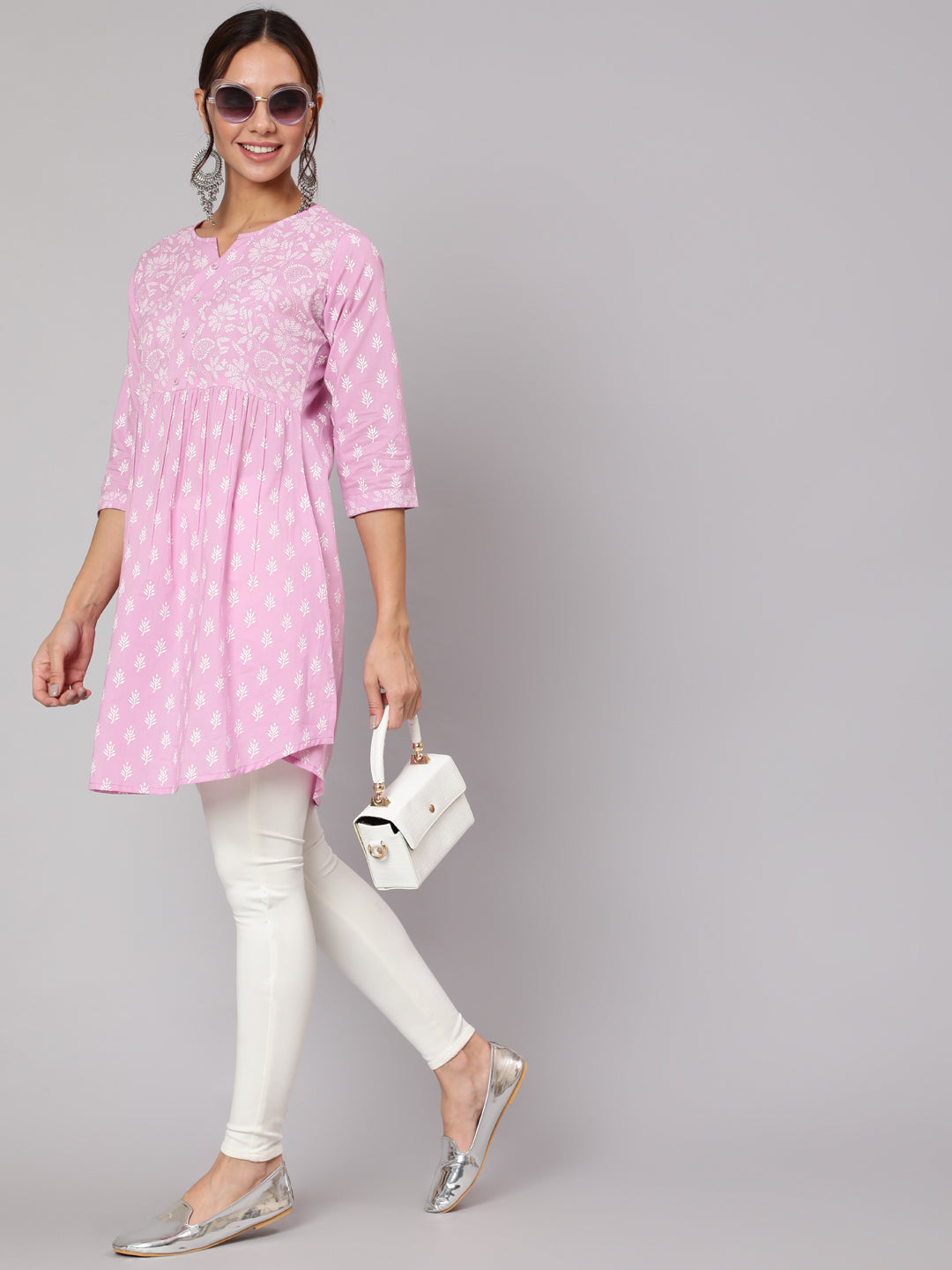 Women's Purple Printed A-Line Tunic With Three Quarter Sleeves
