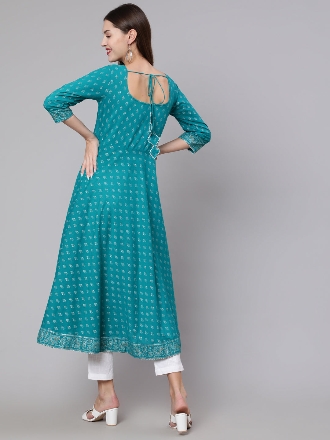 Women's Green Ethnic Printed Dress With Three Quarter Sleeves