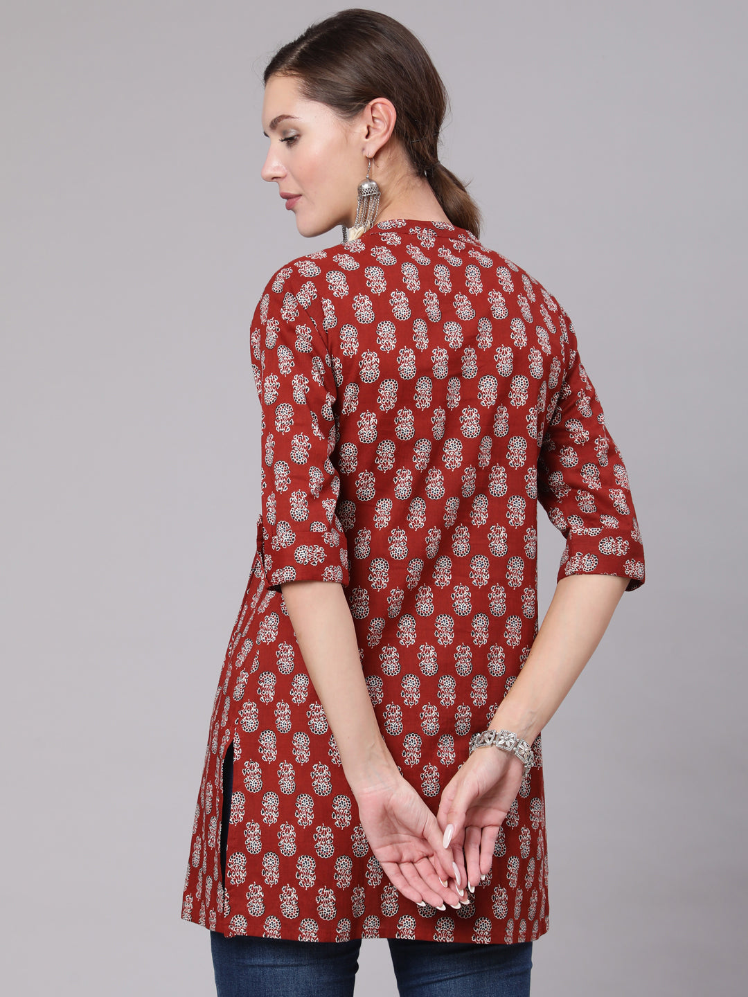 Women's Maroon Ethnic Printed Straight Tunic With Three Quarter Sleeves