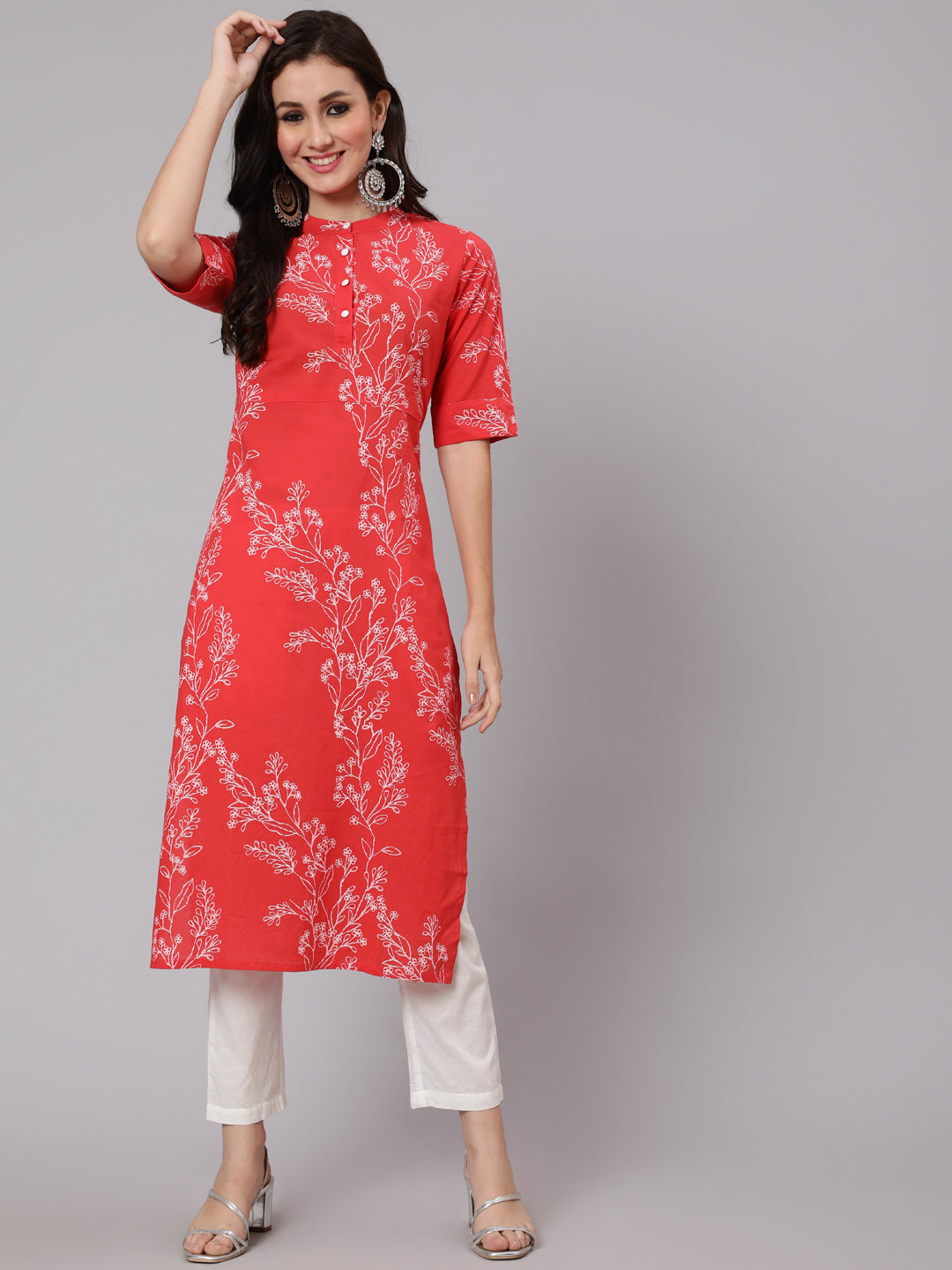 Women's Red Floral Printed Straight Kurta With Three Quarter Sleeves